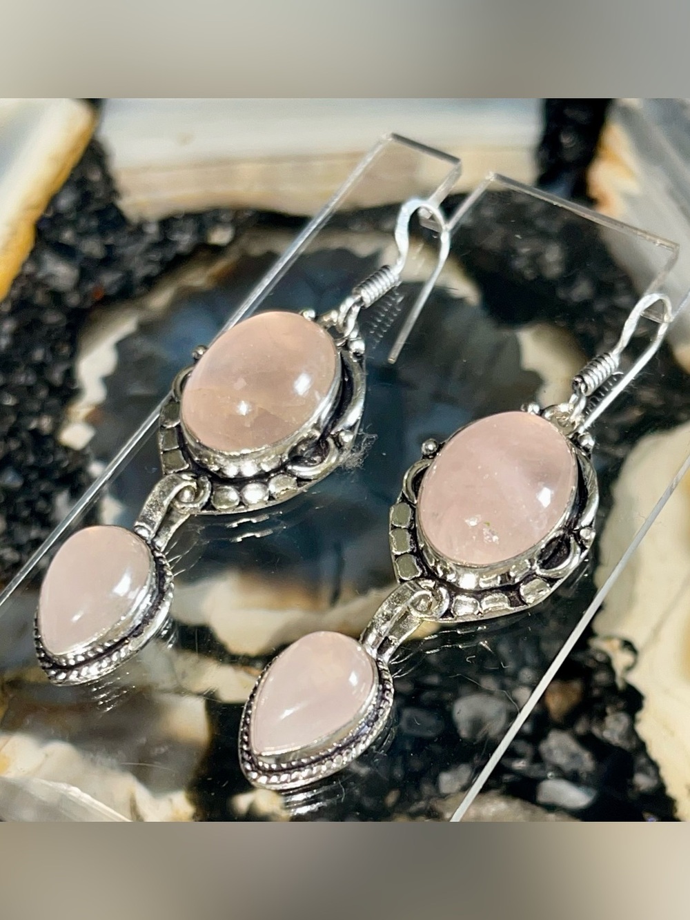 Pink Rose Quartz “Stone of Pure Love” Earrings 2 1/2”